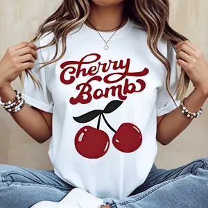 Cherry Bomb Print T Shirt White Crewneck Casual Wear For Women Summer Outfit Fashion Top