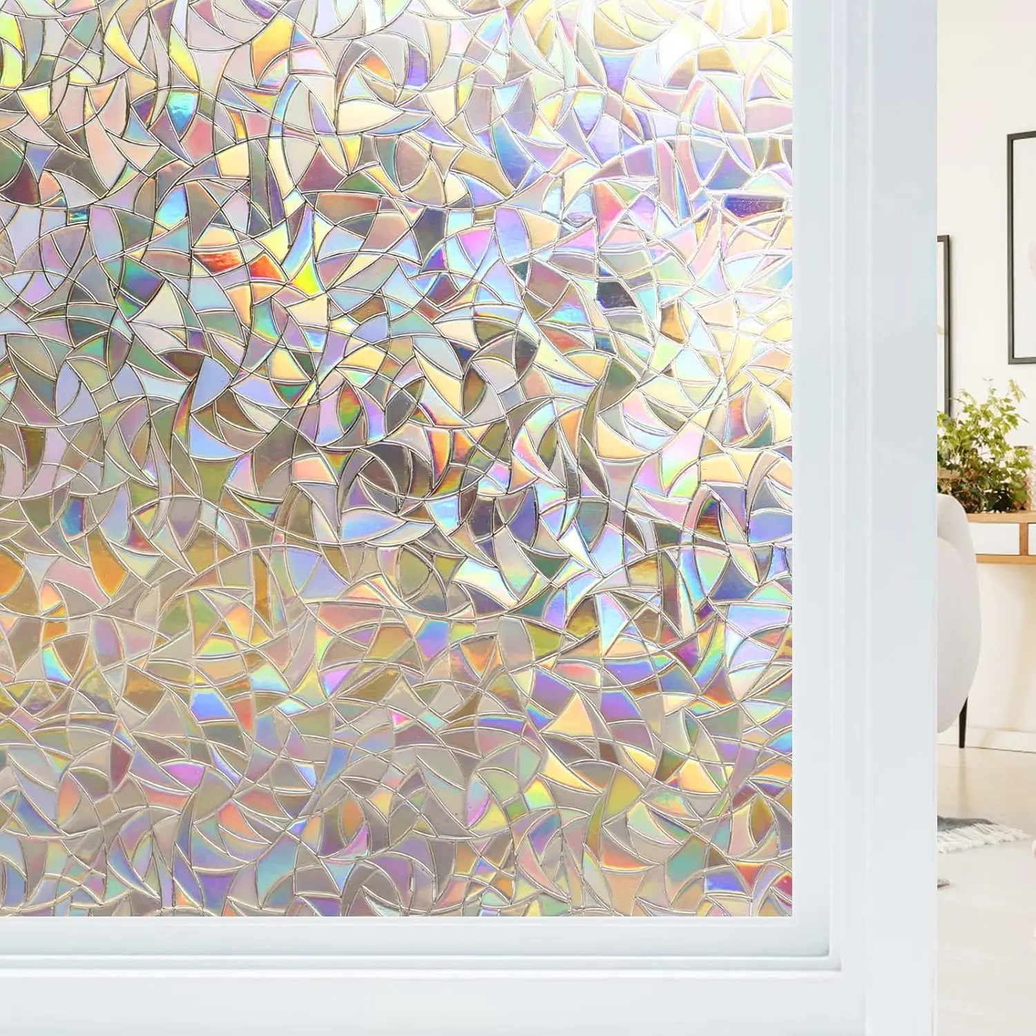 Static Cling Stained Glass Rainbow Geometric Window Film - Non-Adhesive 17.5x78.7in Moderate Privacy Sun Blocking Tint, Contemporary Home Decor for Home Heat Control, Blocks 84% of UVA, Non-Customised