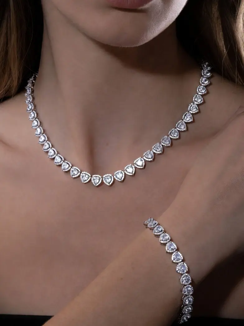 Women's Silver-Tone Heart Rhinestone 2-Piece Bling Combo Set Jewelry Set - Sparkly Crystal Tennis Chain Choker & Bracelet, Bridal Wedding Prom Accessories, Birthday Valentine Gift, Bling Jewelry Sets, Combo Jewelry Sets