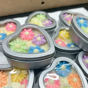 "He loves me" Mini Tin Candle - Hughly fragrant Heart-Shaped with Colorful Flower Design for Aromatic Ambiance