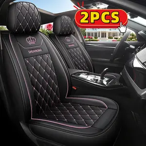 PU Leather Car Seat Covers 2PCS High-end Crown Embroidery for Front Seats Comfortable Breathable Dirt-repellent Protection All Seasons