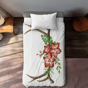 360 stand Twin Size Extra Long Decorative Duvet Cover - Bohemian Style, Deer Horns Decor, Pink Flowers Accent, Breathable Fabric, Bedroom Bedding Accessory