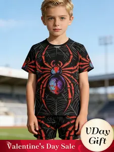Kids Neon Spider Web Print T-Shirt and Shorts Set - Spooky Halloween Summer Costumes Outfit for Boys & Girls