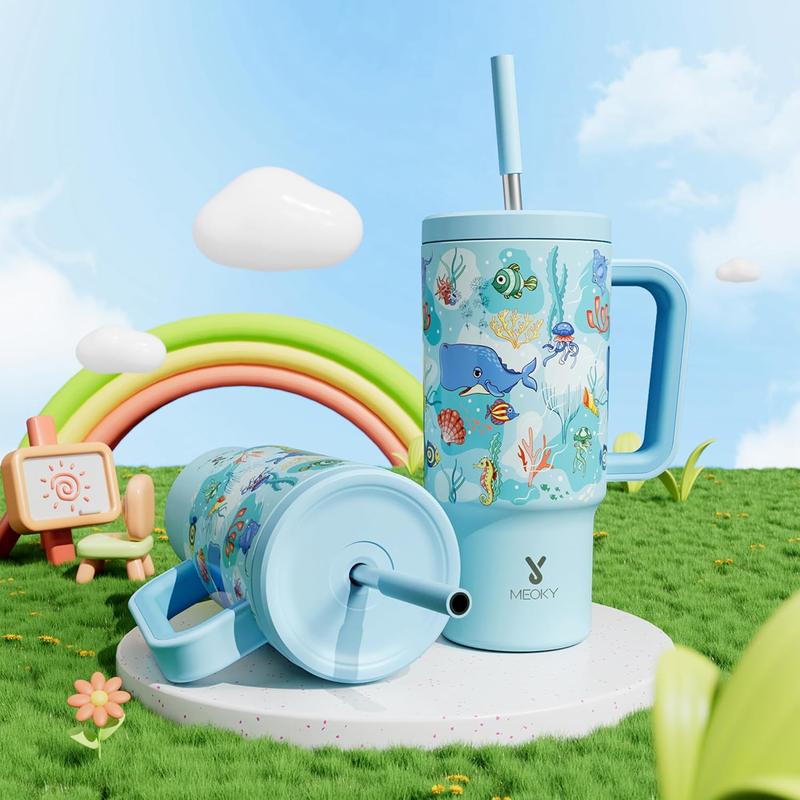 【Meoky】24oz Tumbler with Handle & Straw -  Leakproof, cute water bottles,BPA-Free, Insulated Stainless Steel Cup with Handle for Travel, School, Car Rides (Boys & Girls),Valentine's Day gift