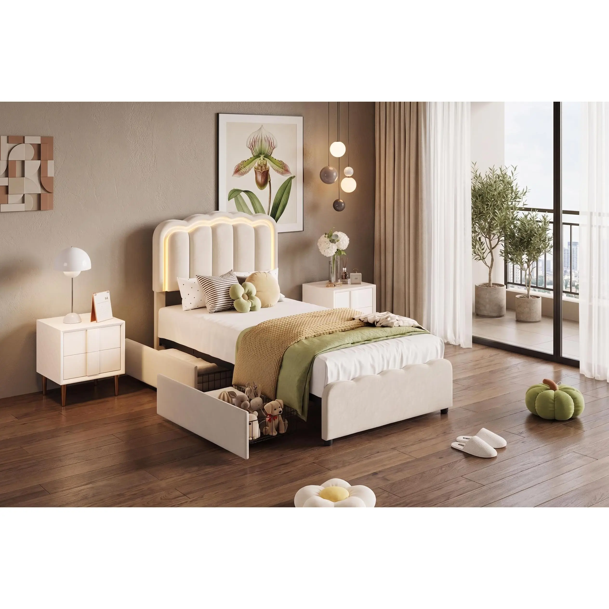 Garvee Twin Upholstered Bed, LED, Adj Headboard, 2 Drawers, White