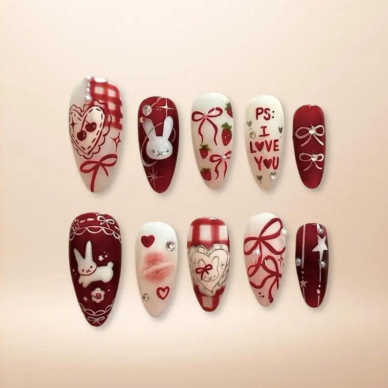 S257 Handmade Press-On Nails, Red Gingham & Strawberry Accents, Romantic Retro Love , Perfect Gift, Valentine’s Gift, Gift foR Her