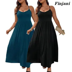 Plus size cross backless vest dress, loose fit, adjustable slim shoulder strap, floor length skirt for women, casual holiday wear, women's basic minimalist dress