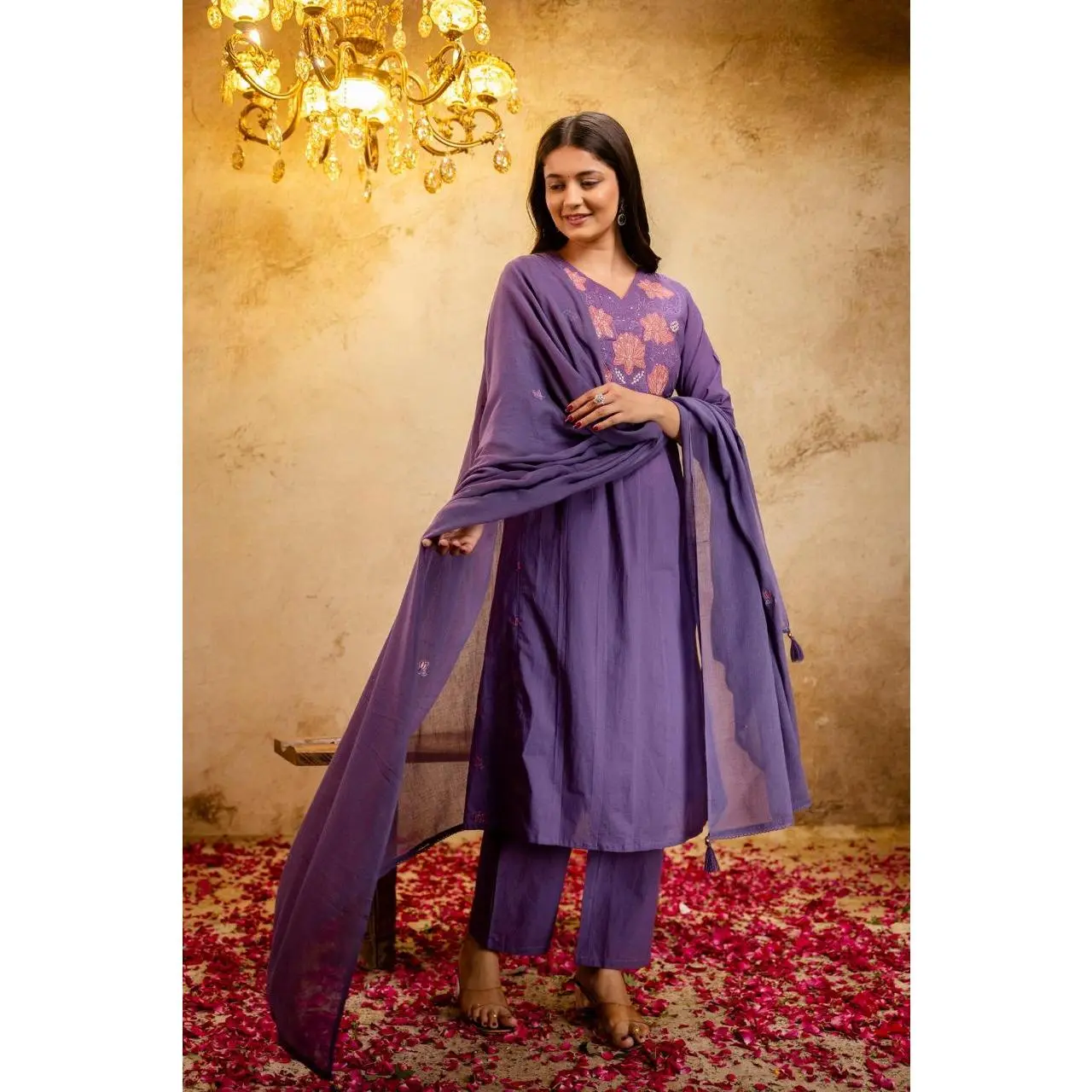 Women's Lavender Kurta Set - Cotton Bandhani Print Embroidered Top with 3/4 Sleeve, Straight Cut Garment with Matching Trouser and Dupatta, Fabrics, Fit, Soft, Comfortable