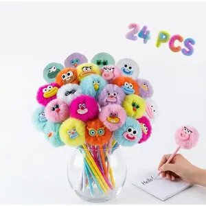 24 count Pom Pom Pens --  Fuzzy Plush Pens Cute Kawaii Novelty Fun Pen for  Adults Novelty School Stationery Set Classroom Prizes Party Favors for Girls and Boys Office Supplies Gifts