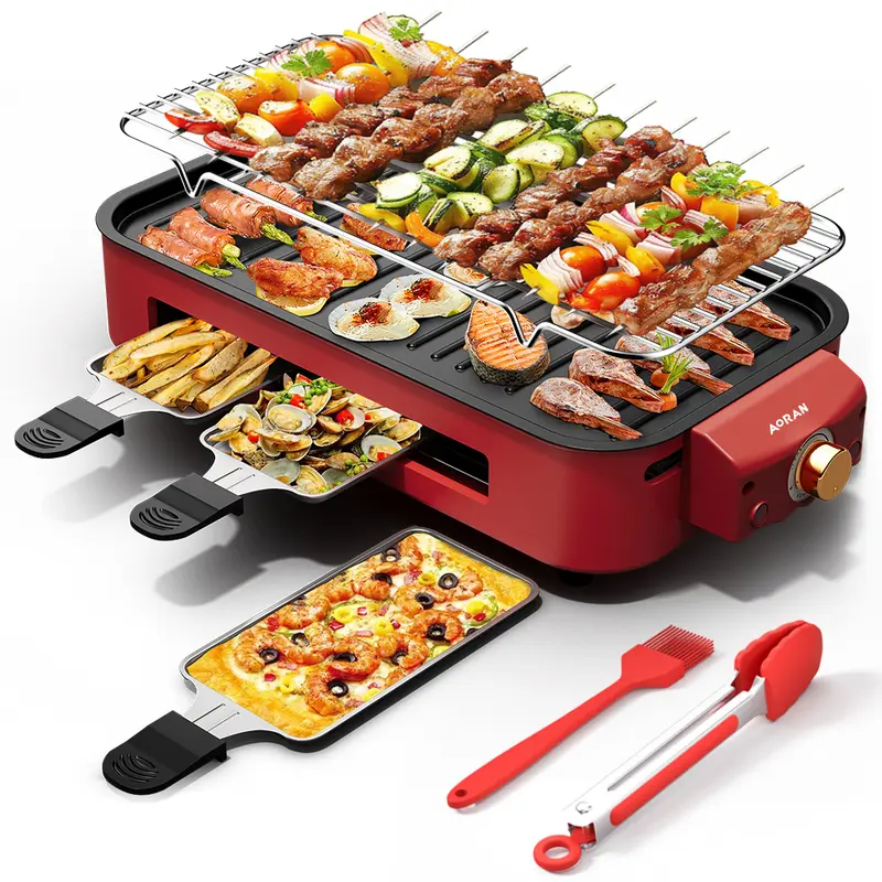 Indoor Smokeless Electric BBQ Grill，Non-Stick Cooking Removable Plate,5 Adjustable Temperatures,Dishwasher Safe,1500W,Kitchen Appliances, Household