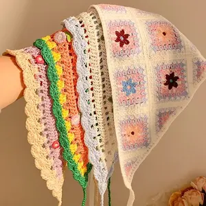 Boho Floral Crochet Kerchief, Triangle Lace Head Scarf for Women Girls, Cottagecore Minimalist Hair Accessory, Lightweight Breathable Headwear for Beach Vacation Daily Outdoor