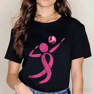 Pink Ribbon Volleyball Player Graphic T Shirt Black Short Sleeve Casual Sporty Top For Women