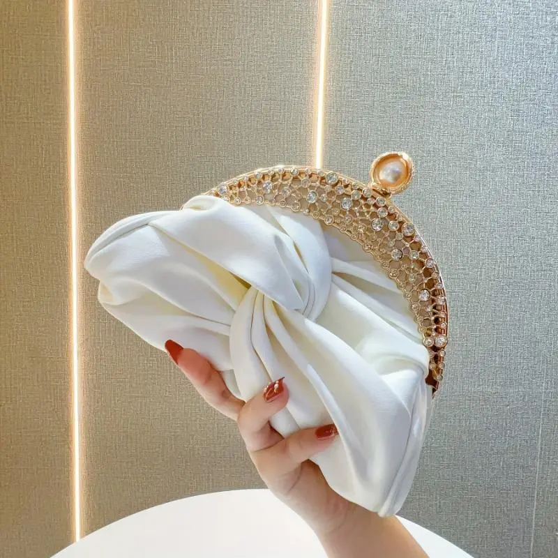 Ladies' Elegant White Mini Handbag with Golden Rhinestone Crown, Removable Shoulder Strap, Pearl Accents for Evening Parties, Banquets