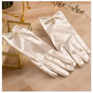 French Hepburn-style short pearl satin bridal gloves, unique white gloves in princess style
