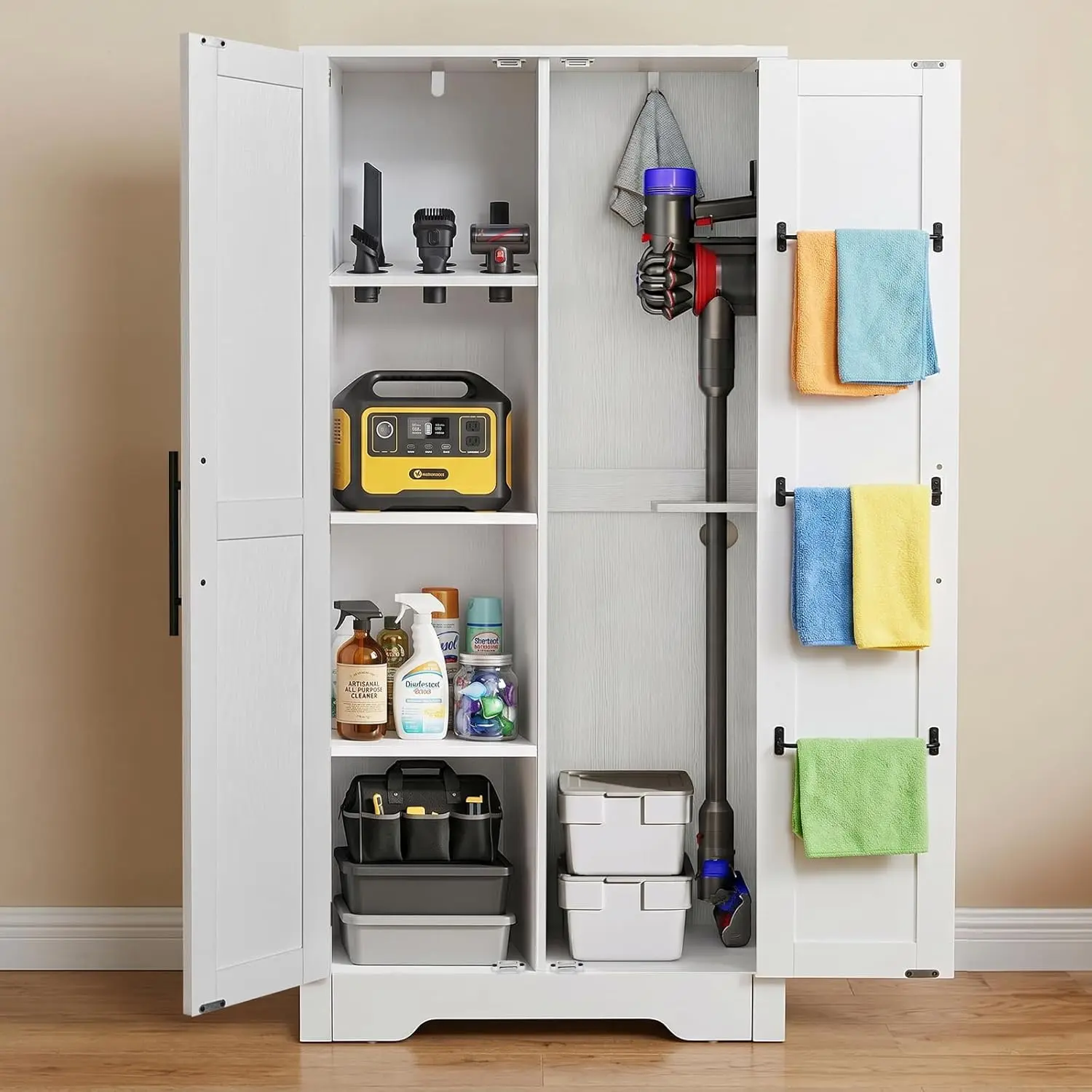 NORTHSKY Engineered Wood Utility Cabinet - 55" Height Rectangular Single Unit Broom & Mop Storage with Dyson-Compatible Vacuum Hold, Easy Setup Enclosed Cleaning Cabinet for Garage, Laundry Room