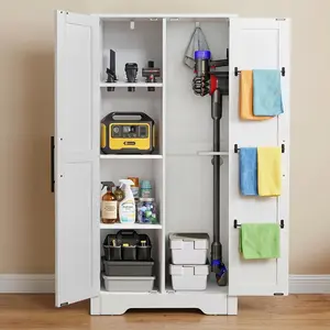 NORTHSKY Wooden Storage Cabinet, 55" Broom Closet & Vacuum Cleaner Holder Compatible with Dyson, Utility Cabinet for Brooms & Mops, Cleaning Cabinet w/Doors for Garage,Laundry,Mudroom,Home Office