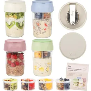Soligt 16oz Overnight Oats Containers with Lids Folding Spoons & Divided Compartments for Fruit Nuts Small Glass Mason Jars for Oatmeal Yogurt Parfait Portable Kitchen Utensils Food Storage Organizer Airtight Leakproof Reusable