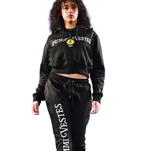 WOMANS PREMIUM COTTON ZIPPERED CROP TOP TRACKSUIT