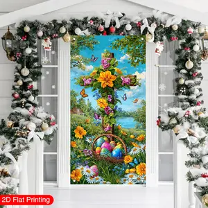 2D flat, 1 Easter door curtain, cross and Easter egg background themed door curtain, door curtain decoration banner, door hanging backdrop, indoor and outdoor party supplies, spring decoration, outdoor flag, size 35.4x70.8 inches