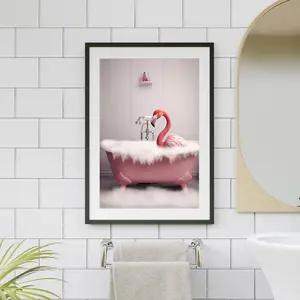Pink Flamingo in Tub Printable Wall Art | Flamingo Bird Taking a Bath in Tub Photo | Flamingo Bathroom Art Print | Unframed