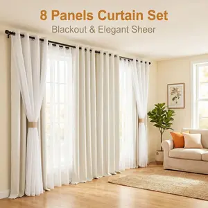 Summer Vibes, 52x84 Inch 8pcs Blackout and Drop Drilling Sheer Combine Curtains for Living Room Bedroom Linen Sheer Blackout Curtains, Grommet Luxury Black Out Curtains for Windows Apartment FT2599 FT2525