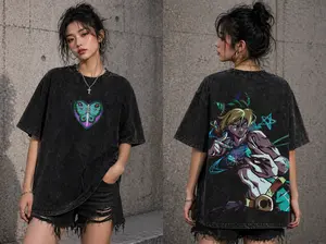 Jolyne Cujoh Stone Ocean Jojo - Japanese Anime Double-Sided Print Washed T-shirt Heavyweight Gift for Fans men graphic tee Top Cotton Fabric