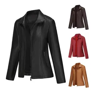 Women's faux leather jacket, zip-up jacket, motorcycle style PU fabric, motorcycle jacket, vintage long-sleeved lapel collar, short faux motorcycle jacket with zippered pockets, suitable for spring and autumn wear