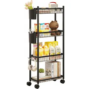 Slim Storage Cart with Wheels, 4 Tier Narrow Utility Rolling Carts, Skinny Metal Shelving Unit Organizer, Thin Storage Shelves for Bathroom Kitchen Living Laundry Room Small Spaces, Black