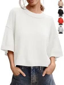 Renaishow Women's Short Sleeve Cropped Sweaters 2026 Sping Oversized Loose Fit Drop Shoulder Casual Sweater Tops