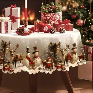 Christmas Vintage Style Tablecloth, Snowman Reindeer Christmas Tree Pattern, Holiday Colors, Durable Polyester Fabric