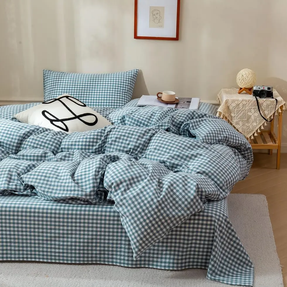 EAVD Blue Gingham Comforter Set Full Soft White and Blue Bedding Set with 2 Pillowcases Grid Comforter Set Reversible Farmhouse Gingham Bedding Set for All-Season EAVD Blue Gingham Comforter Set Full Soft White and Blue Bedding Set with 2 Pillowcases Grid Comforter Set Reversible Farmhouse Gingham Bedding Set for All-Season