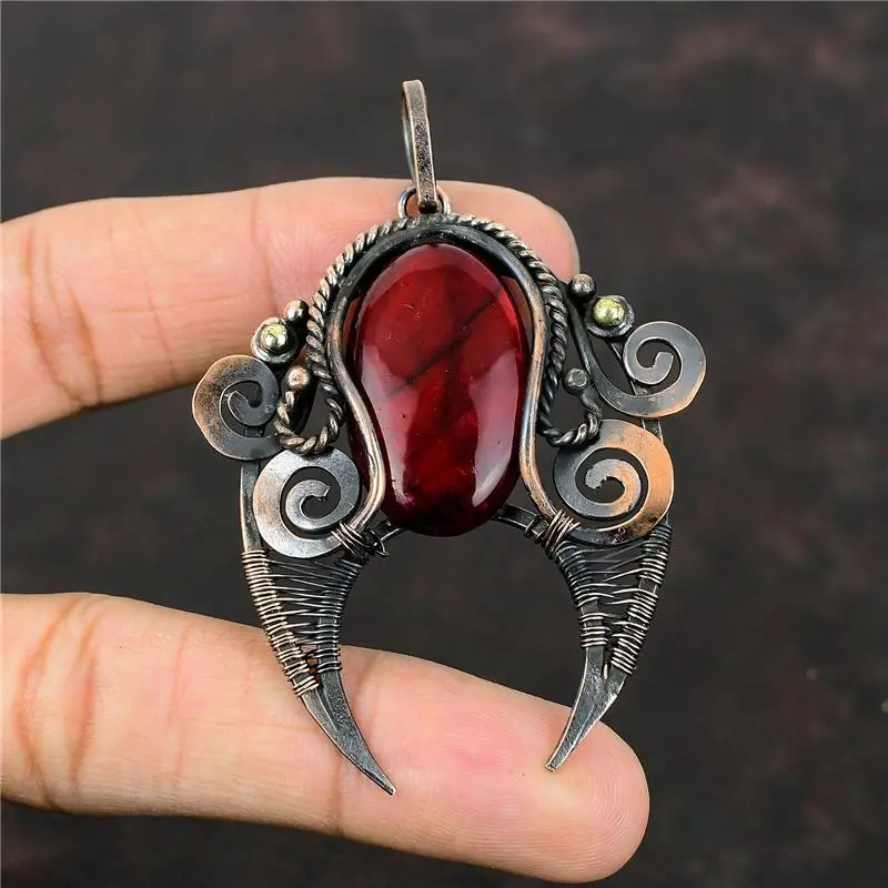 Red Fire Labradorite Wire Wrapped Pendant Handcrafted Copper Holiday 2.87"