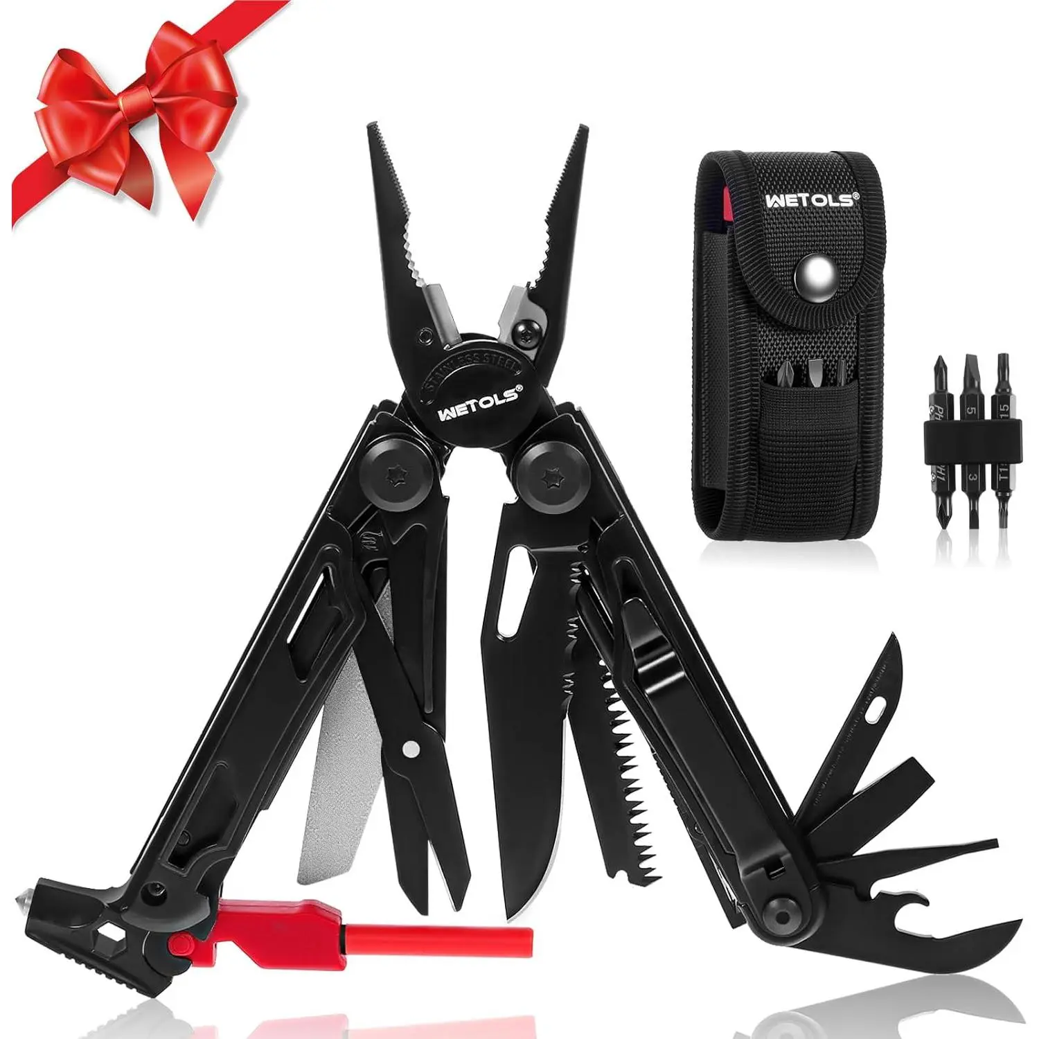 27-in-1 Stainless Steel Multitool - 6.65 inches, 9.38 oz, Closed Size 4.37 in, Pocket Knife, Needle Nose Pliers, Screwdrivers, Metal Wood Files, Self-Locking EDC Survival Gear with Sheath, Ideal for Hunters, Camping, Birthday Gift