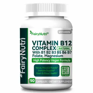 FairyNutri Vitamin B12 Complex 1000Mcg High Potency - Complete B-Complex with B1, B2, B3, B5, B6, B7, Folate, Magnesium - Vegan Formula - Nerve, Mood, Muscle & Immune Support - Heart & Blood Health - 90 Capsules/ 90-Day Supply