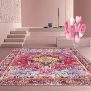 Velvet Home Rug with Persian Colorful Floral Pattern, Holiday Decor Carpet for Hallway Living Room Bedroom Door Mat, Decorative Area Rug