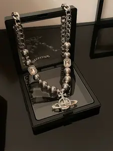 Fashion Saturn Pearl Pendant Necklace, Unisex Hip Hop Style Choker Sweater Chain, Casual Geometric Jewelry Gift Choice