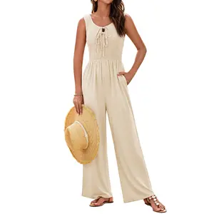 GRACE KARIN Jumpsuits for Women Bow Tie Front OverallsSmocked Tops Wide Legs Casual Knitted Outfits with Pockets