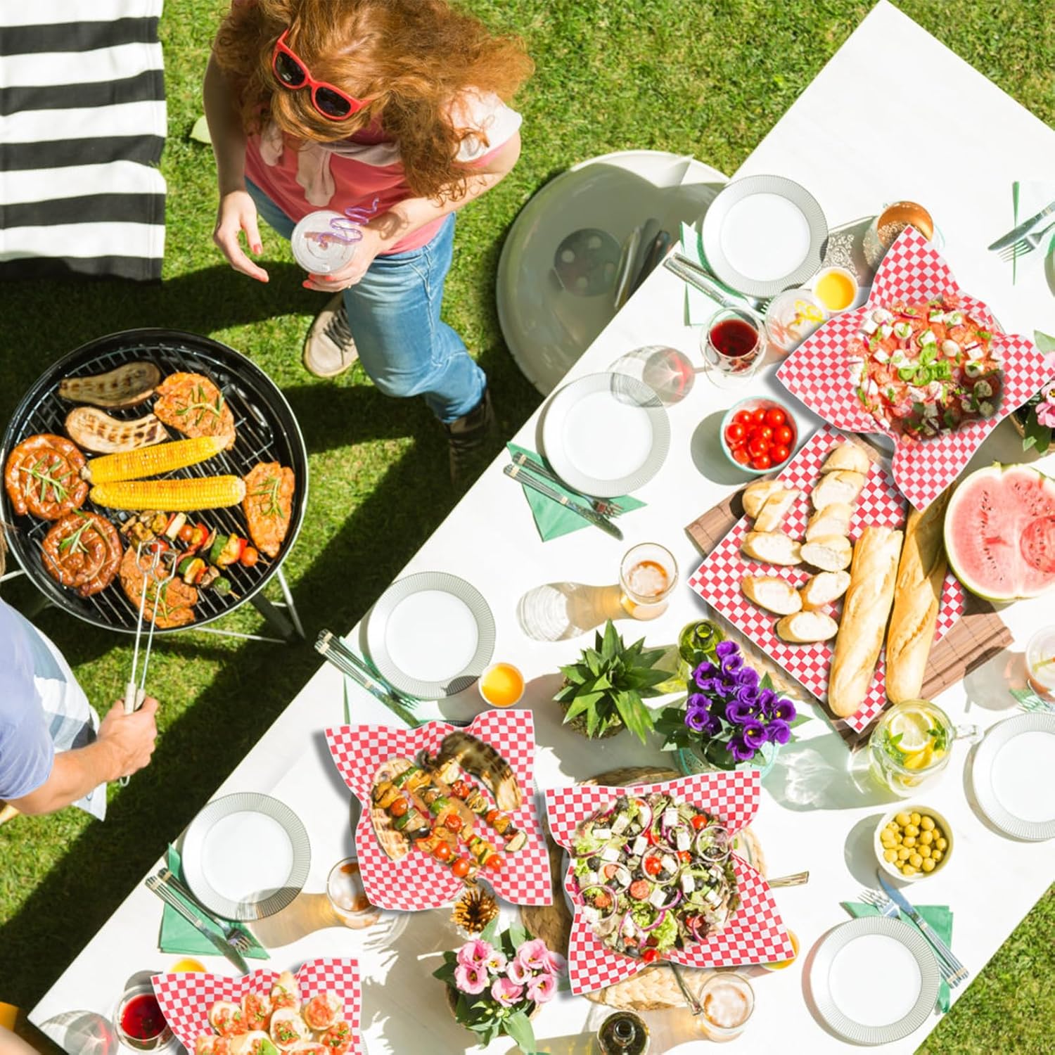 JIRNGLA 100PCS Deli Paper Sheets 12x12" Grease-Resistant Wax Food Basket Liners Checkered Sandwich Wrapping Paper for Parties Restaurants & Outdoor Use