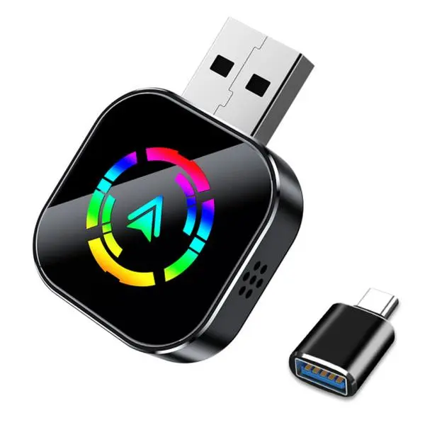 Colorful wireless CarPlay adapter, compatible with iPhone and Android phones. This mini wired to wireless CarPlay adapter supports both CarPlay and Android Auto, is plug-and-play, and offers a stable connection.