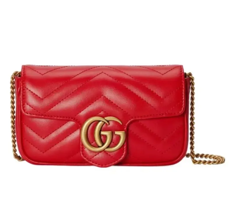 Pre-owned GUCCI GG Marmont Super Mini Red Matelasse Chevron Quilted Leather Antique Gold Double G Chain Crossbody Handbag