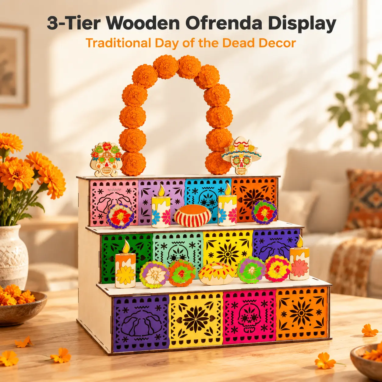 Elegant Day of the Dead Ofrenda Altar Wooden Shadow Box Dia De Los Muertos Altar, tiered Wooden Frame, Holds Photos Candles Marigolds, Remembrance Picture Frame Home Decor