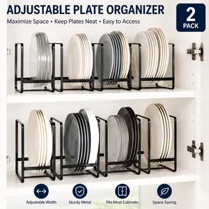 2PCS Kitchen Dish Drying Rack and Plate Organizer Set, Space Saving Cabinet Dish Storage Rack with Plate Holders and Bowl Compartments, Countertop Drainer for Plates Bowls Cups and Kitchen Organization