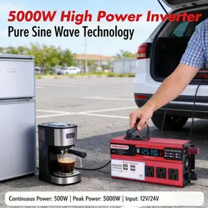 Multi-Protection Vehicle Power Inverter DC 12V to 110V AC with 3 AC Sockets 4 USB Charging Ports 5000W Peak Output Compact Car Converter Ideal for Outdoor Camping RV Truck Travel and Emergency Power Supply
