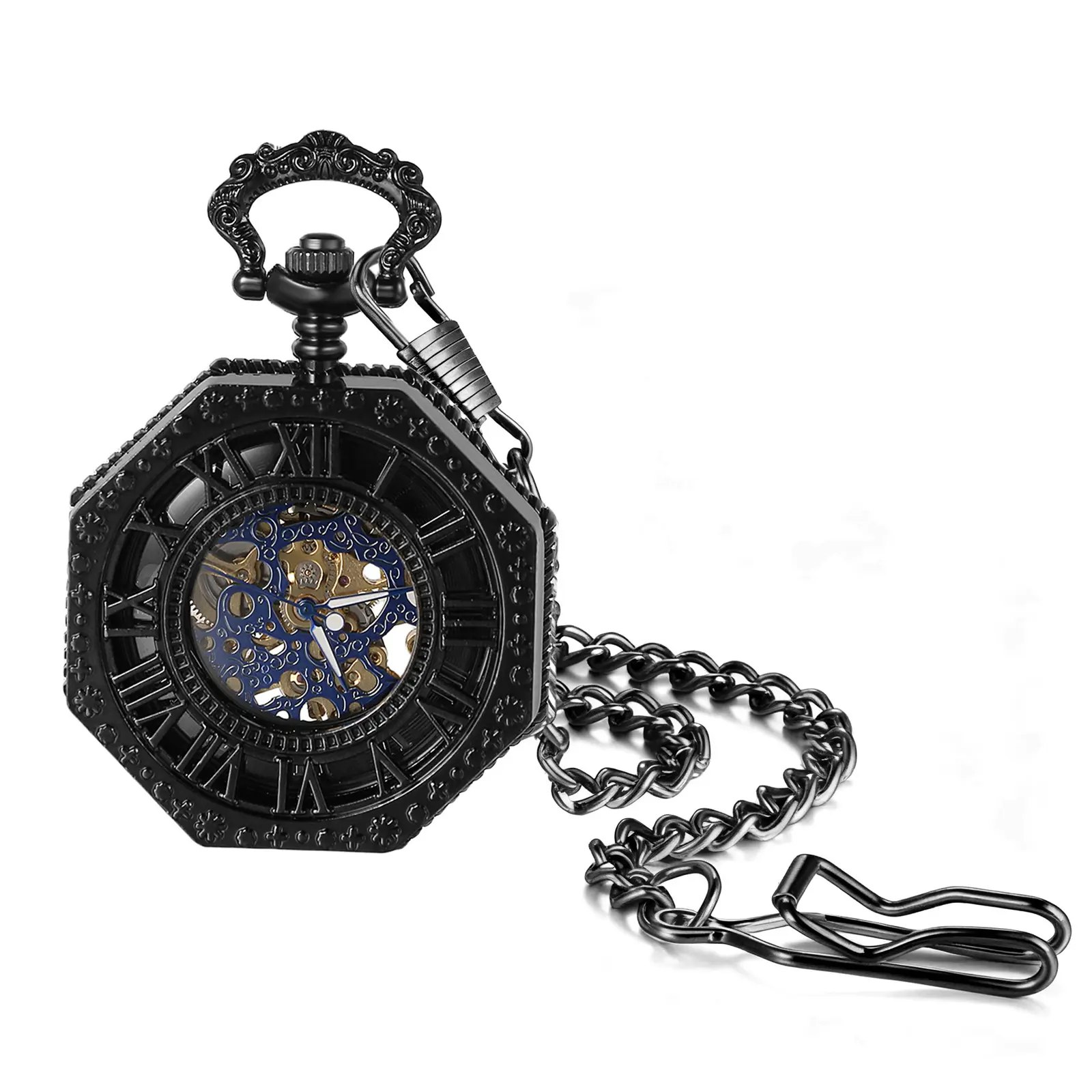 OIDEA Men's Durable Alloy Pocket Watch - Hand-Wound Steampunk Analog Fob Watch with Octagon Shape, Vintage Skeleton Dial, Roman Numerals, 14.96in Waist Chain, Durable Timepiece, Durable Watch summerwins