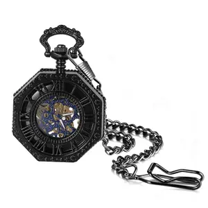 Men's Mechanical Pocket Watch: Vintage Skeleton Octagonal Case with Roman Numerals Hand-Wind Steampunk Analog Fob Watches with 14.96 Inch Waist Chain