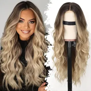 Summervibes[ AISI HAIR ] Ombre Blonde Wig for Women Long Wavy 4x1 Lace Natural Hairline Glueless for Beginners Middle Part Synthetic for Daily Party Use 26Inch