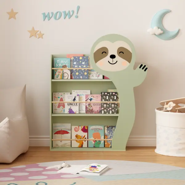 Wooden Sloth Kids Bookshelf - 3-Tier Front-Facing Toddler Book Display Rack, Cute Animal Design, Safe Sturdy Nursery Storage Organizer for Playroom, Bedroom