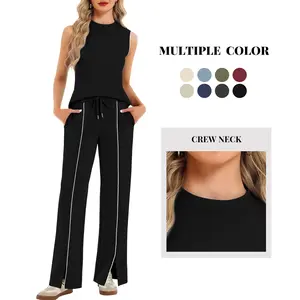 Women's 2-Piece Comfortable Loungewear Set - Lady's Minimalist Soft Basic Fabric Clothes, Mock Neck Sleeveless Top & Wide Leg Front Slit Trousers, Summer Casual Travel Style Outfit (Multiple Colors)