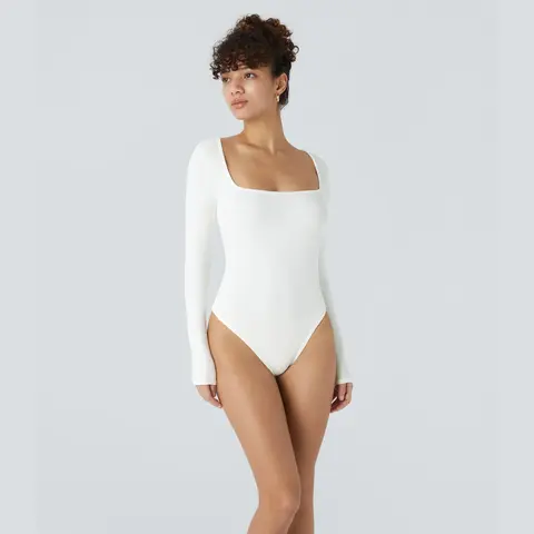 Halara Ribbed Knit Square Neck Long Sleeve Button Skinny Work Bodysuit