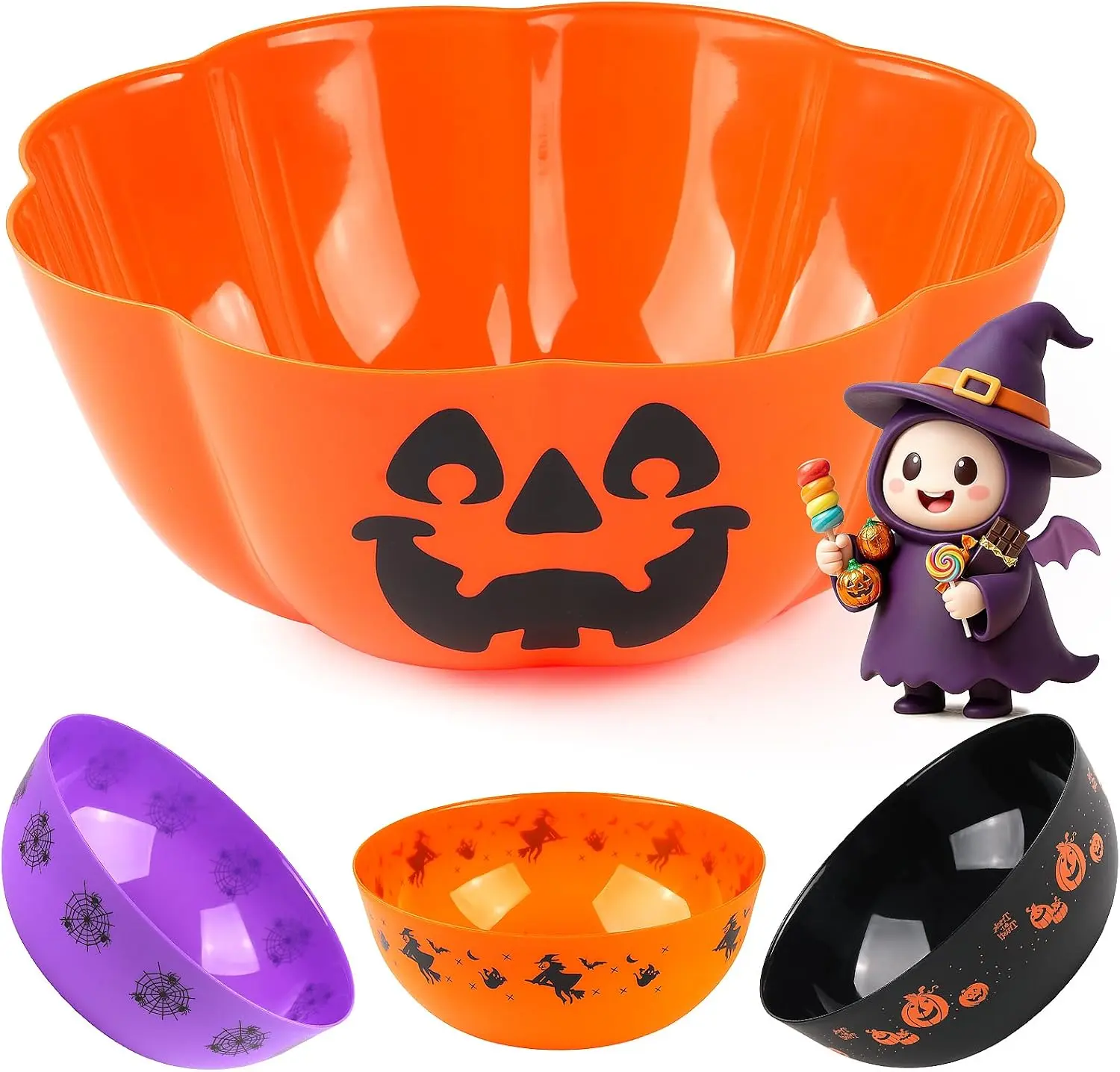 4Pcs Halloween Candy Bowls Large Reusable Plastic Candy Servers | Trick or Treating Happy Halloween Party Decor Pumpkin Spiderweb Witch Candy Bowls Set